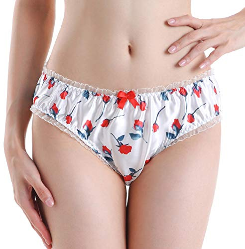 Frauen Sexy Dessous Satin Floral Bikini Höschen Schlüpfer (Weiß, M)