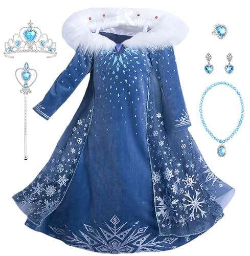 New front Carnevale Elsanna Vestito Set, Costume Blu Vestito Abito da Principessa per la Festa Invernale, Bambina Costume con Colletto Cosplay Abiti Gonna Corona Bacchetta Magica Orecchino Collana,110