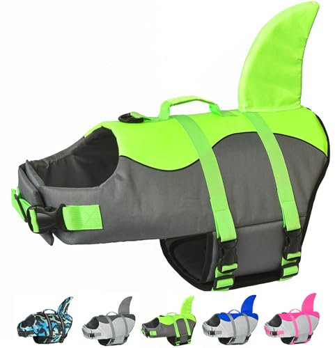 Doglay Hundeschwimmweste, Ripstop-Hundeschwimmweste mit niedlichem Hai, mit überlegenem Auftrieb und Rettungsgriff, verstellbare Hundeschwimmwesten zum Schwimmen, Bootfahren, Haustier-Schwimmweste für