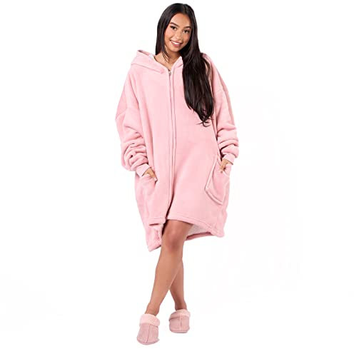 Sienna Zip Up Oversized Blanket Hoodie Wearable Blanket Women Men Hooded Cosy Warm Sherpa Fleece Cardigan, One Size - Blush Pink