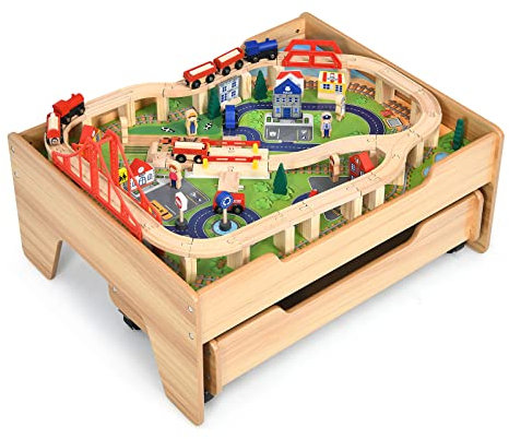 GOPLUS Spieltisch mit 100 Spielzeugteilem, Kinder Eisenbahn Set aus Holz, Spielzeugeisenbahn mit Schubladen & abschließbaren Rädern, Aktivitätstisch für Kinder ab 3 Jahren