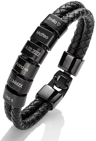MYCLUSIV® Lederarmband Herren mit Gravur – Personalisiertes Männerarmband mit Namen – Geschenk für Papa – Aus schwarzem Echtleder