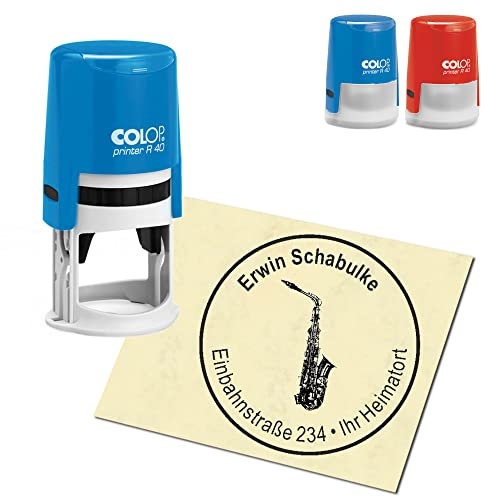 Stempel Adressstempel personalisiert - Saxophon - rund ∅ 40mm Automatikstempel als Firmenstempel Namensstempel Bürostempel