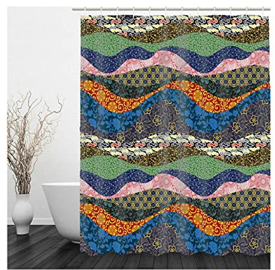 Hoisy Duschvorhang, Badezimmer Duschvorhang Wellenform Mit Blumen Bunt Größe 150X180CM Schnell Trocknend Polyestergewebe Badezimmerzubehör