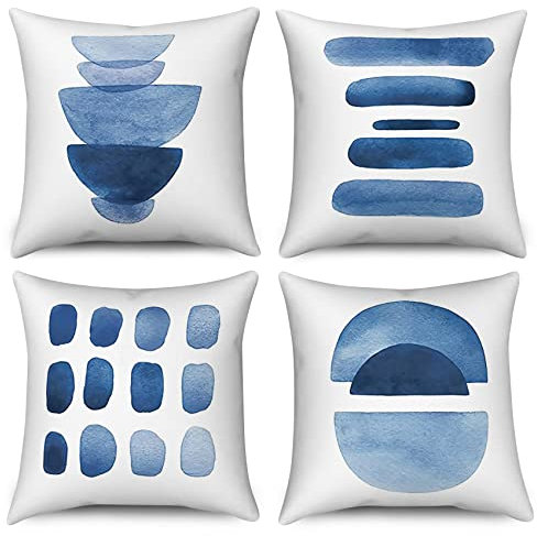 Hnmdmyi Funda de Cojín Azul 40x40 Juego de 4, Boho Abstracto Azul Marino Geométrico Fundas de Cojín Decorativas Minimalista Arte Moderno Estético Funda de Cojín de Lino para Sofá Cama Home Decor