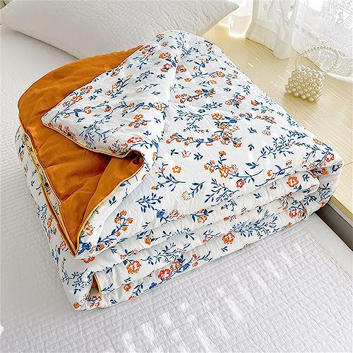 Surwin Couvre Lit Matelassé Réversible Courtepointe Imprimée Fleurs Pastorales Couleur Unie Doux Confort Dessus de Lit 2 Personnes, Mieux pour Eté, Lavable en Machine (Fleuri Orange,150x200cm)