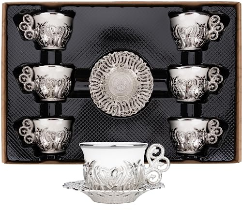 Alisveristime Türkische Kaffeetassen Set, Weißes Porzellan und Zinkmetall mit türkischen Motiven, 6 Tassen und Untertassen (Silber)
