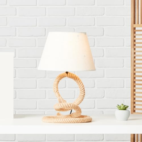 Tischlampe im Nature Stil - Tischleuchte mit weißem Stoff Schirm - Schalter | Tischlampe, 40 cm Höhe, Ø 25 cm, E27, max. 40 W, Schalter, Seil/Textil