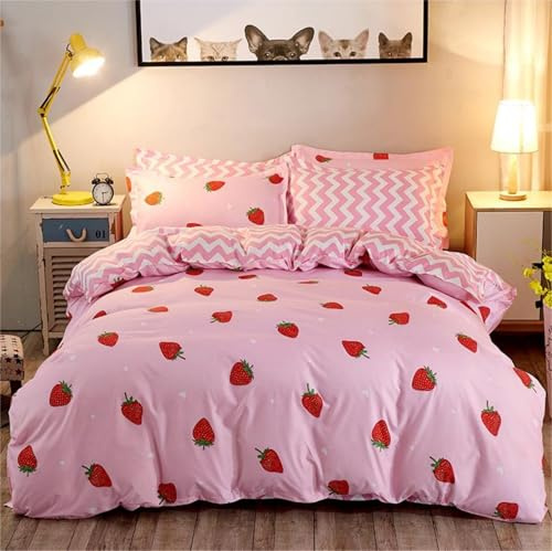 Freyamy Kinder Bettwäsche 100x135 Rosa Rot Erdbeere Kinderbettwäsche | Mädchen Wendebettwäsche, 2teilig Bettwäsche-Sets, Microfaser ÖKO-TEX Bettbezug mit Reißverschluss und Kissenbezug 40x60cm