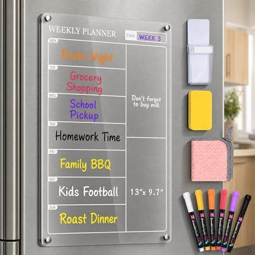 Magnetic Fridge Planner, 13'' x 9.7'' Clear Acrylic Weekly Meal Planner Board for Fridge with 6 Markers, Eraser, Pen Holder and Cloth for Menu, Shopping List, Memo and Family Reminders