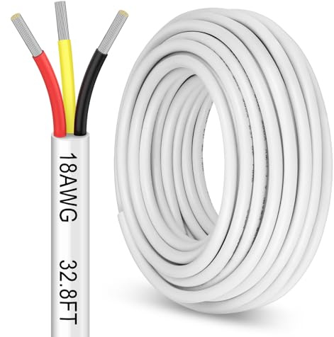 32.8FT 18 Gauge 3 Conductor Electrical Wire,18/3 Stranded Tinned Copper Low Voltage Wire, 18 AWG Flexible Extension Power Cable for LED Lamp Lighting Automotive, White