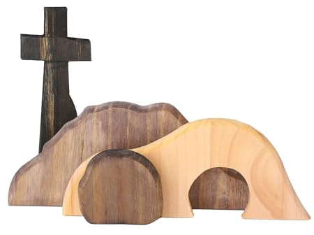 RXMORI Das leere Grab Osterszene und Kreuz, Dekoration, Jesus-Grab-Ostertablett-Set, hölzerne Oster-Jesus-Schild, abgestufte Tablett-Dekorationen für Zuhause, Tisch, Büro (#1)