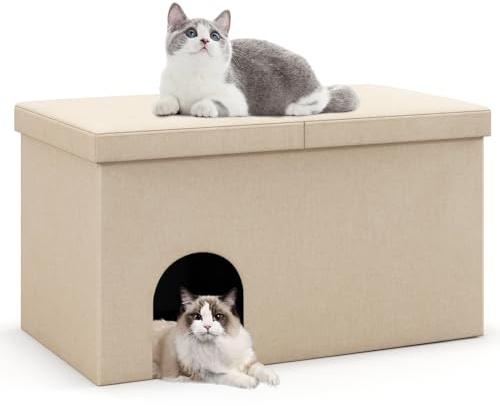 GOPLUS Katzenhöhle, 3 in 1 Katzenmöbel als Katzenhaus, Katzentoilette, Schuhbank mit Deckel & Matte & Trennwand & Aktivkohlefilter, Katzenversteck Indoor für Katzenklo, 90 x 50 x 50cm (Beige)
