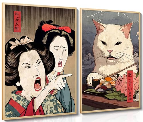 MUWAK lustige Anime-Poster, japanische Dekoration, 2er-Set – Frau schreit Katze, Vintage-Anime-Katzen-Wanddekoration für Wohnzimmer, Flur, Küche
