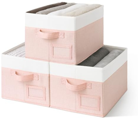 GRANNY SAYS Storage Baskets for Organizing, Fabric Storage Bins for Shelves, Closet Storage Boxs, Clothing Storage and Organization, Decorative Storage Bins, Pink&Ivory, Medium, 3-Pack