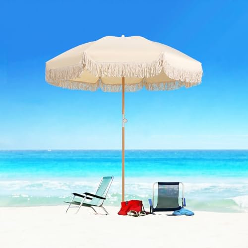 Sonnenschirm Strand Beige Strandschirme für Sand, strapazierfähig, winddicht, tragbar, 1,83 m, großer Terrassenschirm, Kippschirm, Fransenschirm, Außenschirm, wasserdicht, Poolschirm, UV-Schutz für G