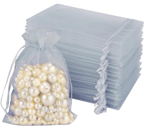 GIKPAX 50 sachets en Organza, sachets en Organza Gris, sachets à Bijoux à Cordon de Serrage Moyens, sachets Lavande pour Bijoux, sachets de dragées de Mariage, Anniversaire (10 x 15 cm)