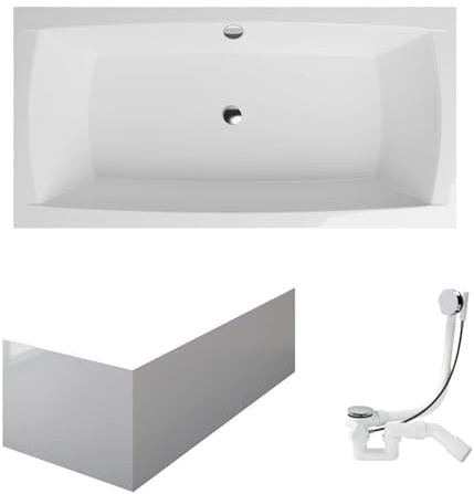 VBChome Badewanne 140x70 cm Weiß Acryl Schürze Wannenfüße Siphon Wanne Rechteckig Zentralen Abfluss Design Modern Ablaufgarnitur in Chrom Badewanne mit Schürze