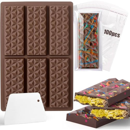 1 moule à chocolat profond en silicone avec 6 cavités - Moule à chocolat en silicone antiadhésif 3D - Avec 1 spatule à pâte - 100 sachets à bonbons - Pour chocolat, praline, bonbons (diamant)
