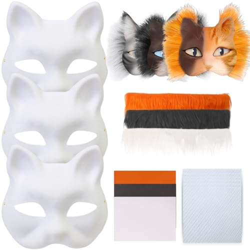 Muzrunq Katt halloween 3-pack Therian Mask Kit med filttyg öga nät falsk ull halv ansikte elastisk gör-det-själv lurvig mask för smink rollspel cosplay fest dekoration