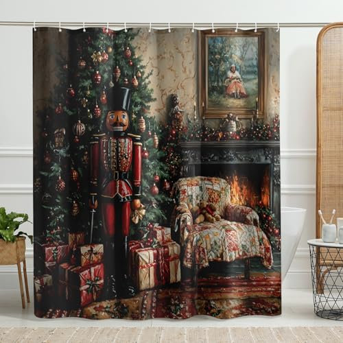 Cortina de ducha de Navidad con cascanueces, cortina de ducha de cascanueces rojo para decoración de vacaciones, juego de cortina de ducha de tela impermeable moderna con ganchos, 72 x 78 pulgadas