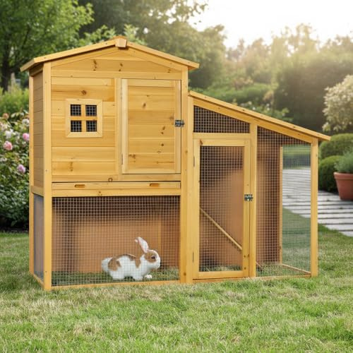 Mucola Hasenstall 140x115x60 cm Kleintiergehege 2 Ebenen Holz inklusive Rampe Kleintierhaus mit Freilaufgehege Kaninchenstall