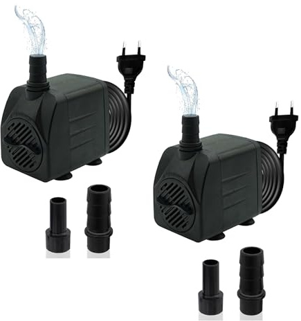 2 pcs Mini Wasserpumpen(450L/H, 8W), Ultra Leise Aquarium pumpe mit hohem Hub, brunnenpumpe mit 1,5 m Netzkabel, 2 Düsen für Aquarien, Teich, Brunnen, Statuen