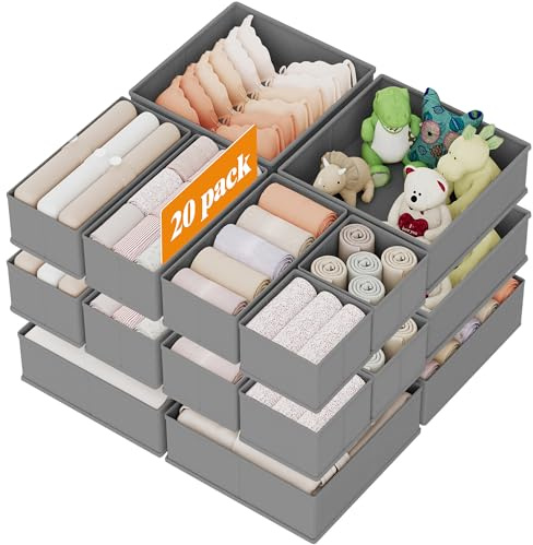 XIVIRACK 20er Set Schubladen Organizer faltbar, Unterwäsche Organizer,Ordnungssystem Kleiderschrank, Aufbewahrungsbox Schrank, Stoffboxen Aufbewahrung, für BHs Socken Krawatten, Grau