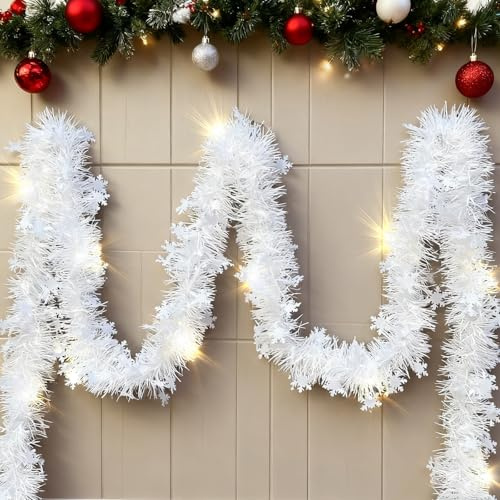 5m Weihnachtsgirlande mit Beleuchtung und Timer, Girlande Weihnachten Treppengeländer Tannengirlande Treppe Kamin, Weihnachtsbaum Girlande Beleuchtete Weihnachtsdeko Weiß Schneeflocken