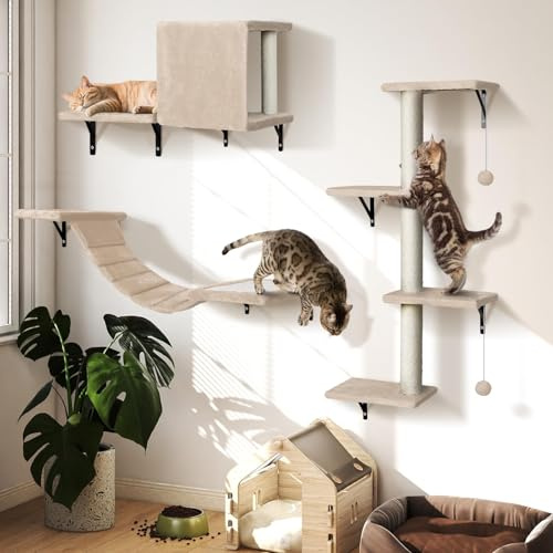 4-in-1 Cat Shelves, Sturdy Cat Wall Furniture, Cat Climbing Wall for Indoor Cats, DIY Cat Wall Shelves with Cat Bridge, Cat bed, Scratching Post, Save space, Beige, Holds Up to 10kg