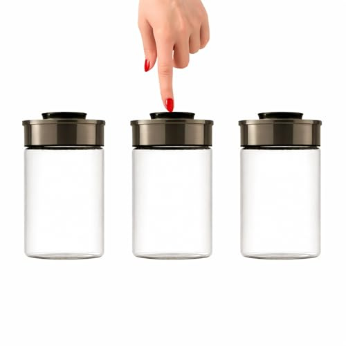 BURI Juego de 3 tarros de cristal de 1300 ml, con tapa de acero inoxidable y mecanismo de clic al vacío, herméticos, apilables, aptos para lavavajillas, a prueba de fugas