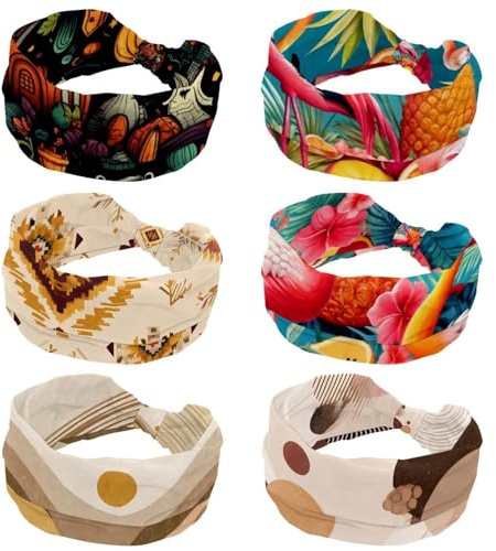 6-pack sommar flamingo ananas löv elastiska pannband för kvinnor, brett pannband, knutet hårband, vintage huvudband för daglig användning, yoga, träning