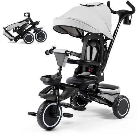 TODECARE 8 in 1 Kids Tricycle, Folding Toddler Tricycle w/Reversible Seat, Adjustable Push Rod & Canopy, Baby Trike Toddler Bike w/Bell, 5-Point Harness, Extra Storage, Cup Holder, Gray