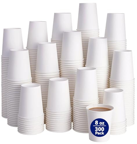 JOLLY CHEF 300 Pack 8oz Disposable Cups Paper Coffee Cup, Hot/Cold Beverage Cups for Party, Wedding, Picnic | White Paper Cups for Water and Hot Drinks
