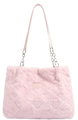 FVCTGHZ hjärtformad quiltad pälsväska, alla hjärtans dag-plånbok, fluffig, söt axelväska, stor mjuk handväska, ROSA, En Storlek