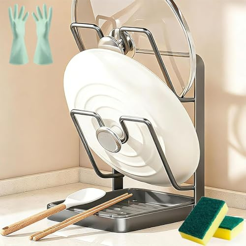 Aufbewahrungsregal Für Küchen-Topfdeckel, Kitchen Pot Lid Storage Rack, Topfdeckelhalter Mit Abnehmbarem Tropfkissen, Langlebig Kochlöffelablage, Leicht Zu Reinigen Kochlöffelhalter (Silber,Double)
