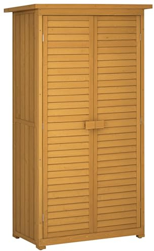 Outsunny Abri de Jardin abri à Outils sur Pied en Bois 2 étagères Portes à Volets Toit en Bitume incliné 87 x 47 x 160 cm Naturel