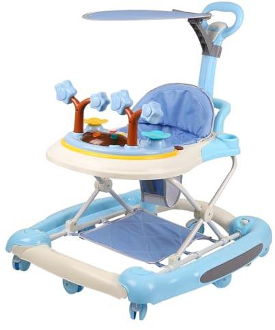 Homewell 3-i-1 gåhjälpmedel, gunghäst, barnbarnstol, justerbar höjd, gångstöd med inlärningscenter och solskydd, utvecklingsbar gåstol, babywalker, barn 6–24 månader (blå)