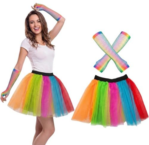 ZMIYIAC 2 Pezzi Gonna tutù da Donna e Guanti a Rete Arcobaleno Set Gonne tutù Arcobaleno per Donne Costume Anni '80 Accessori per Feste al Neon Rave Retro Outfit Addio al Nubilato (2 Pezzi)