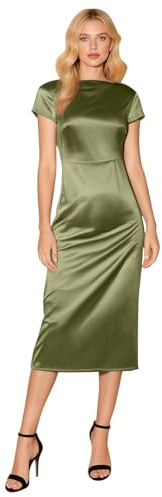 Robe mi-Longue Satin Femme élégante Dos Nu – Manches Courtes torsadées Couleur Unie Sexy col bénitier, Fente latérale Fluide Cocktail, Robe invitée Mariage 2026
