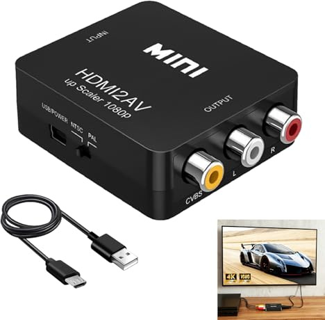 Vomtaric HDMI till AV PAL NTSC-omvandlare, HDMI RCA Analog Video Audio-adapter 1080P, 720P, PAL NTSC-kompatibel för retro DVD VHS-kamerakonsol, HDMI-utgång för TV-projektor