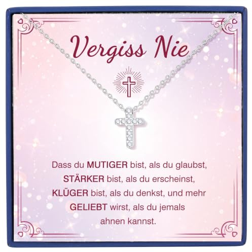 Kleine Kreuz Kette für Mädchen - Geburtstag Kommunion Einschulung Geschenke | Mini Kreuz Anhänger mit Zirkonia Halskette für Kinder Tochter Enkelin, Inspirierende Schulkind Geschenk Mädchen