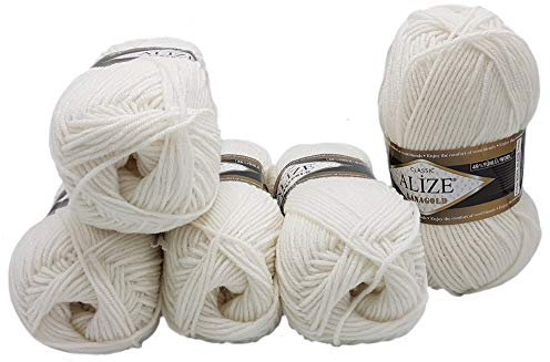 Alize Lanagold 5 x 100g Strickwolle mit 49% Wolle 500 Gramm Wolle einfarbig (Weiß ( 55 ))