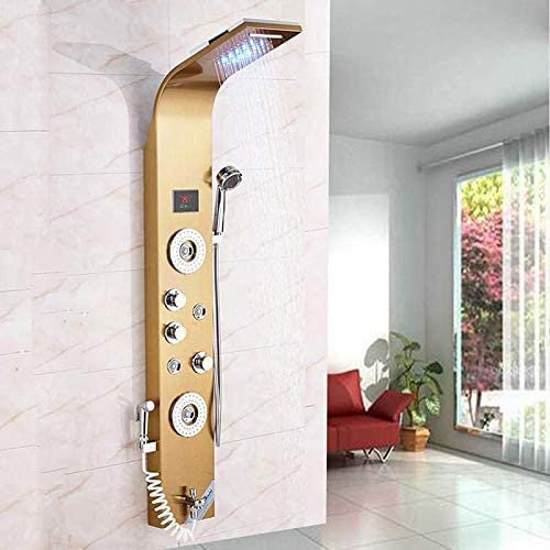 Pannello doccia a LED elegante in acciaio inox con funzione bidet, ingresso vasca, indicatore di temperatura e 2 funzioni di massaggio, colore: oro