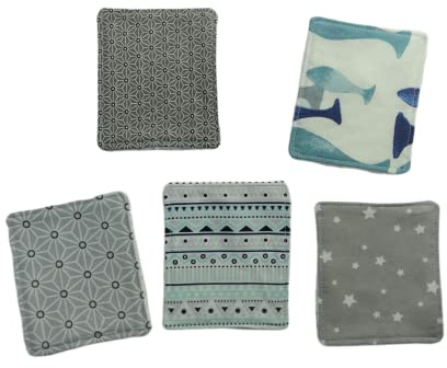 5 lingettes lavables toutes douces (en éponge de bambou Oekotex) - Pour bébé ou lingettes démaquillantes - 5 motifs différents - Gris et bleu