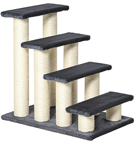 PawHut Escalera para Mascotas 60x42x61 cm Escalera para Gatos Perros Mayores Enfermos Pequeños Cubierta Suave de Peluche Rascador de Sisal Estable 4 Pasos Gris
