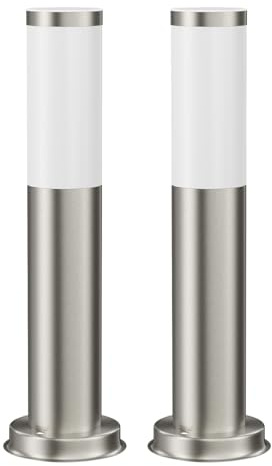 ledscom.de 2x Pollerleuchte PORU für außen, Edelstahl, rund, 38,5cm, inkl. E27 Lampe 3,99W extra-warm-weiß 471lm