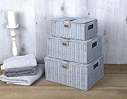 HomeZone Pack of 3 Lockable Grey Wicker Storage Basket with Lids Rattan Woven Decorative Storage Boxes with Lids Grey Baskets for Bathroom Bedroom Kitchen Stair Baskets Hampers