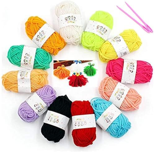Sibosen 12 PCS Buntes Häkelgarn Wolle Zum Stricken Wolle zum Häkeln für Anfänger und Kinder, Anfänger Set Handstrickgarn für Häkeln und Kunsthandwerk 12 Farben (120g) mit 2 PCS Häkeln