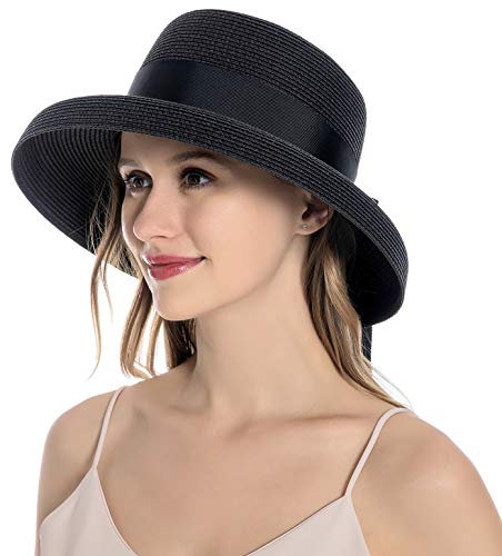 Muryobao Damen Sonnenhut Strohhut Sommer UV-Schutz Reise Faltbare Krempe Eimer Hut Vintage Glocke Strand Angeln Kappe, Schwarz, Einheitsgröße